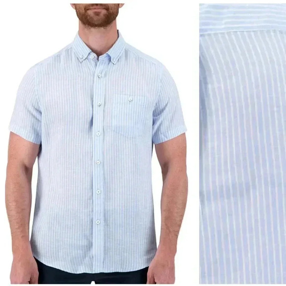 NWT Report Collection Short Sleeve Button Down Shirt Linen Stripe - Picture 1 of 7